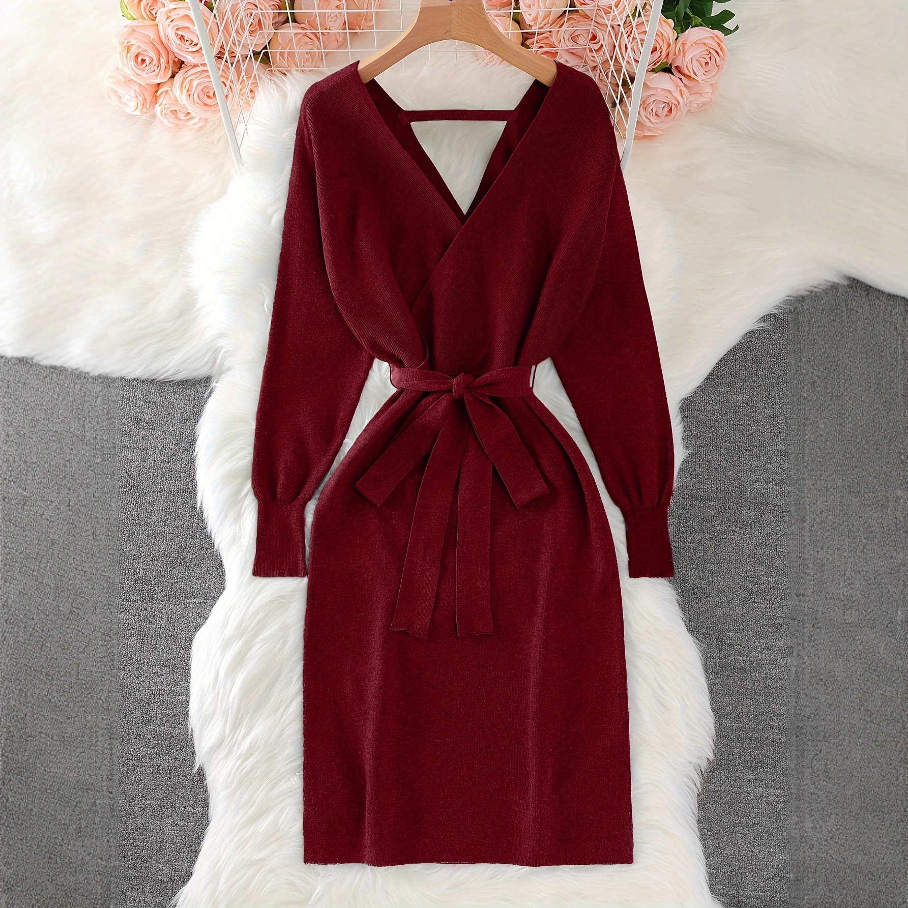 Women's Solid Color Knitted Dress With Bow Belt V Neck Long Sleeve Fashion_voghion.com
