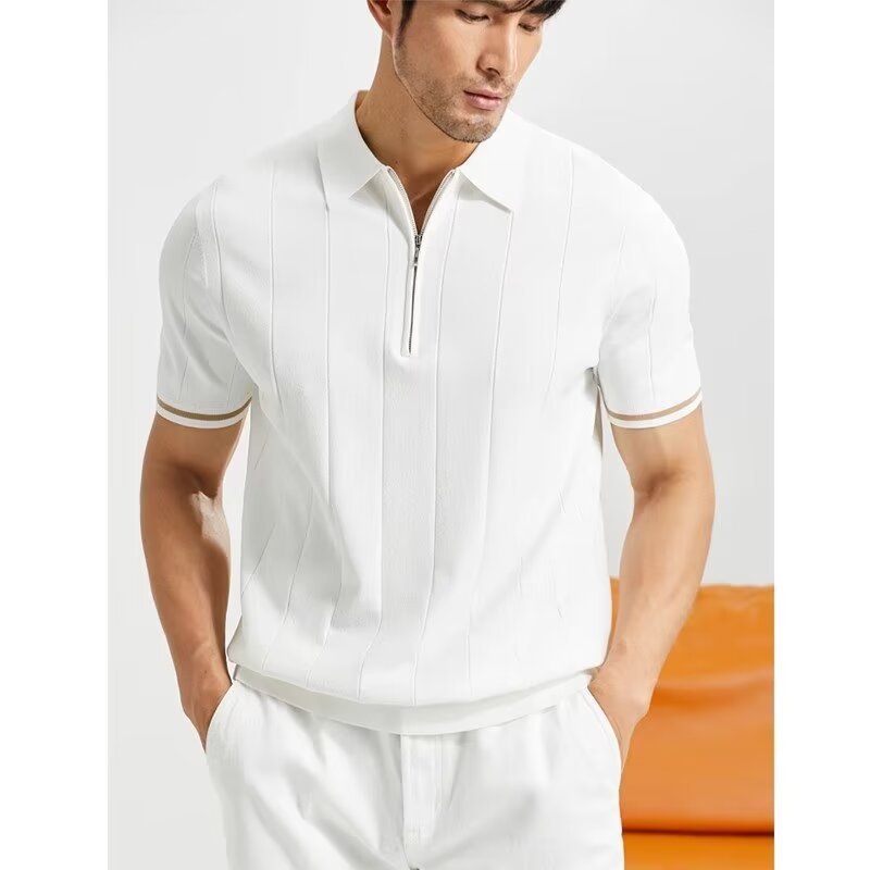 Light Luxury Spring Thin Knitted Sweater White Polo Shirt Men's Short-sleeved Slim-fit Half-zipper Lapp T-shirt for Men