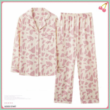 秋冬长袖睡衣女士翻领套装粉色奶牛长裤家居服春秋可外穿大码外贸