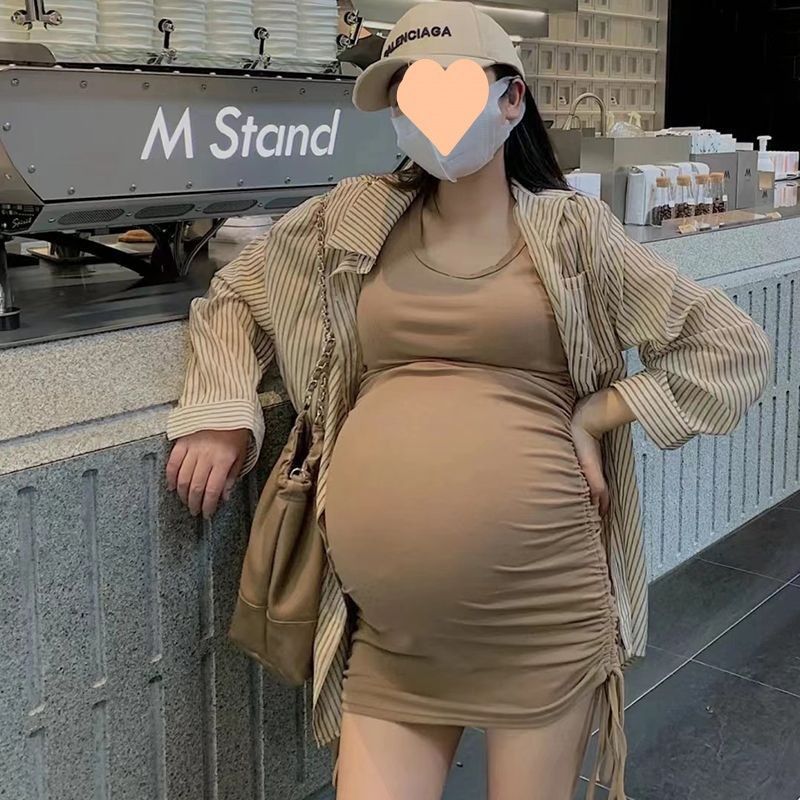 (2개) 서스펜더와 프랑스 끈 조임 탄성 슬리밍 캐주얼 다용도 핫맘 힙 스커트 봄 여름 가을이 달린 임산부 조끼 드레스