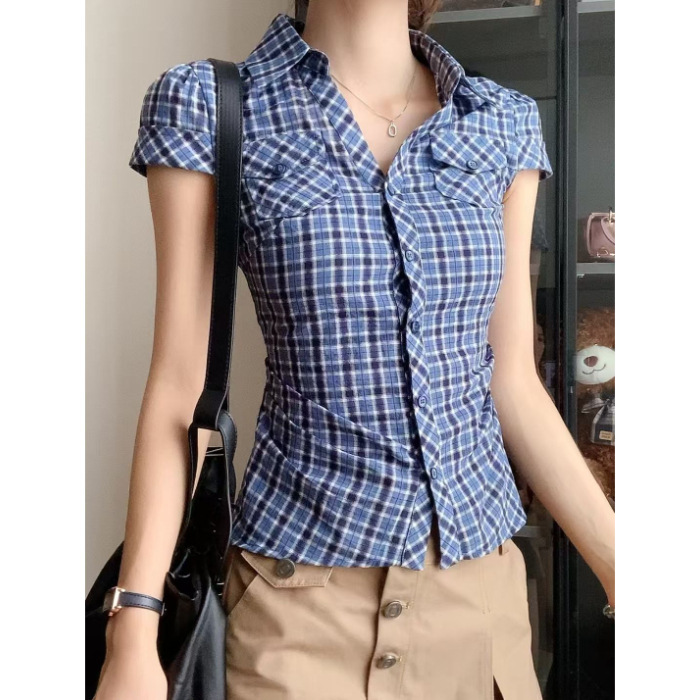 设计感蓝色格子短袖衬衫女夏季复古褶皱收腰修身衬衣小众掐腰上衣|undefined