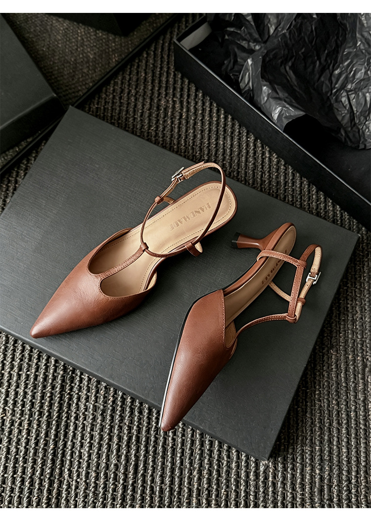 Sandal cao gót nữ mũi nhọn quai chữ T hở gót, da cừu, gót 5 cm — màu nâu chi tiết 25