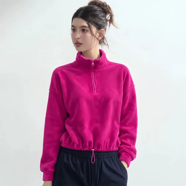 New fleece-lined sports sweatshirt for women, pullover style, high-neck design, suitable for outdoor fitness, with drawstring, loose fit, long sleeves, and made of O-Lin fleece, ideal for yoga