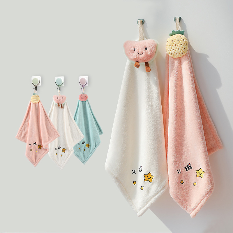厚手のコーラルベルベット人形型ハンドタオル、壁掛け吸水タオル、かわいいハンカチ、刺繍入りハンドタオル、正方形タオル|undefined