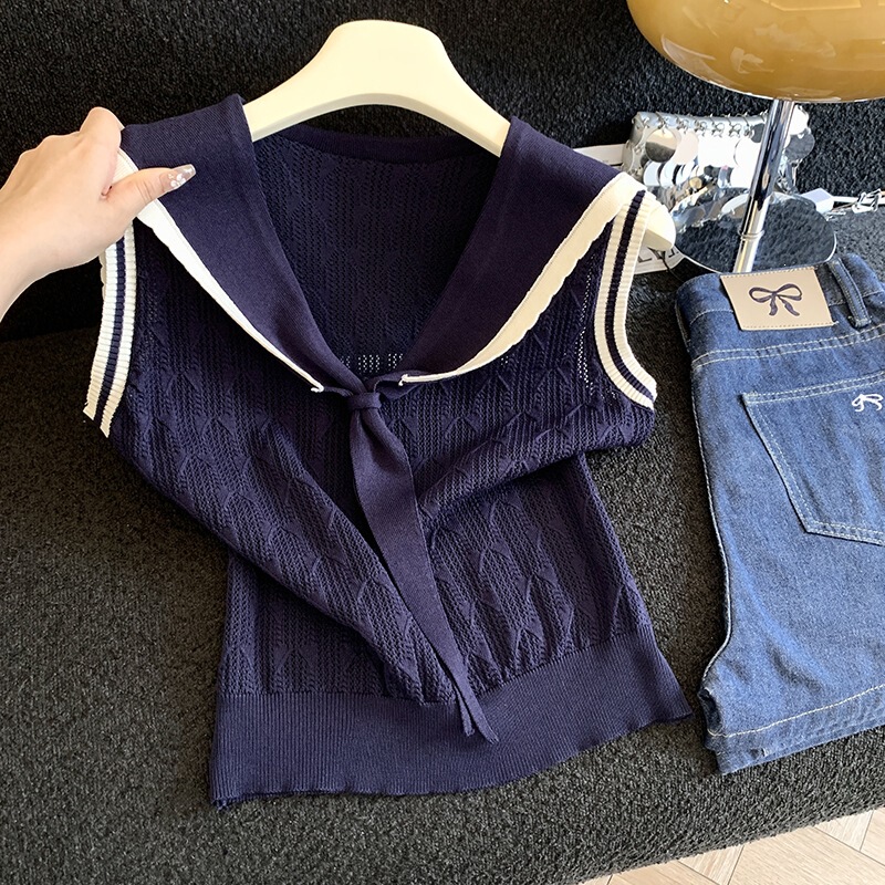 Real Shot of Navy Collar Knitted Vest for Women, Summer Outerwear, Pullover, Slim Fit, Casual Color-Blocking Top