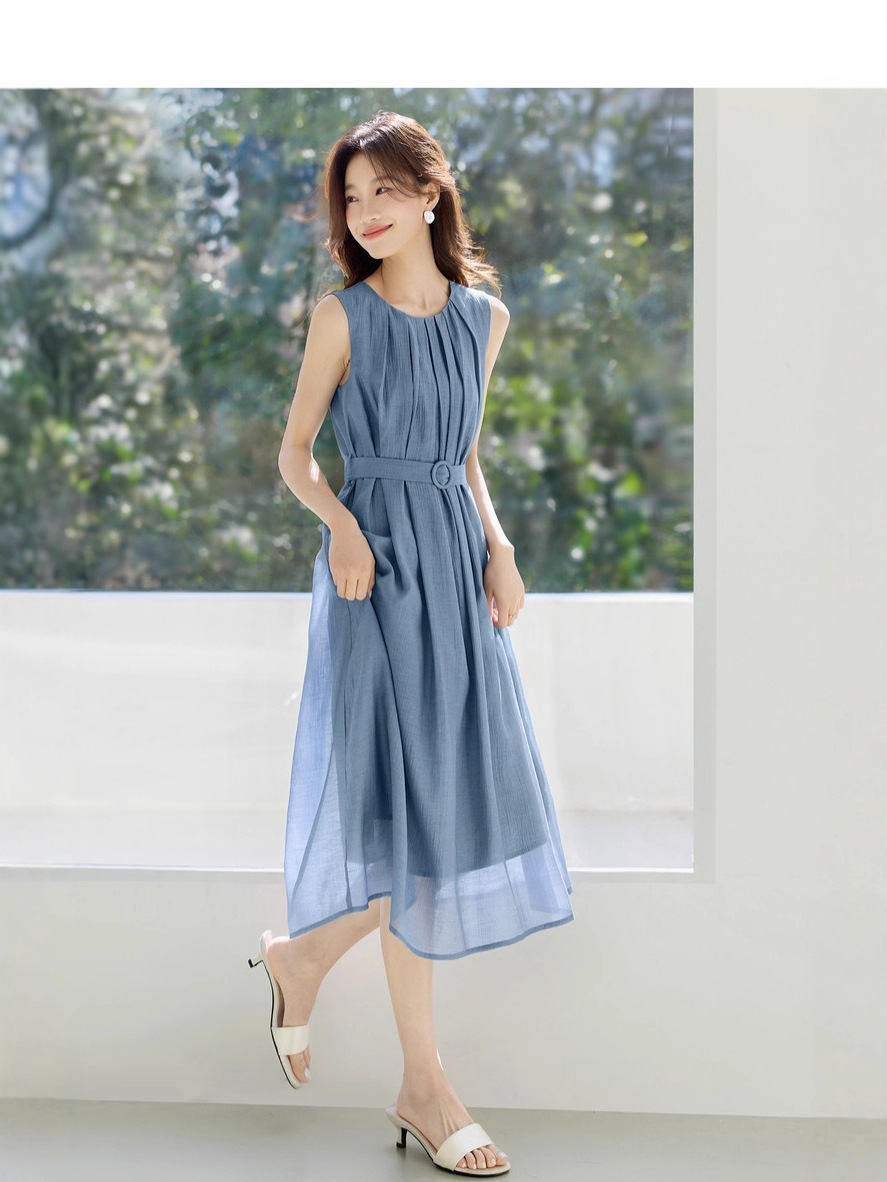 Váy đầm nữ cổ tròn eo thắt dáng chữ A phong cách công sở — Màu xanh da trời