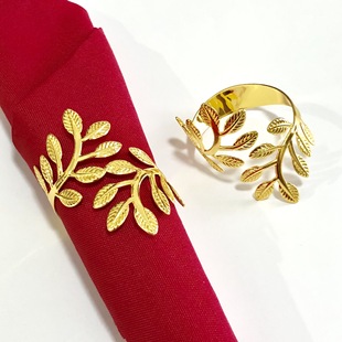 Cross-Border New Product Simple Golden Leaf Open Napkin Buckle Hotel Leaf Pattern Open Napkin Ring Wholesale