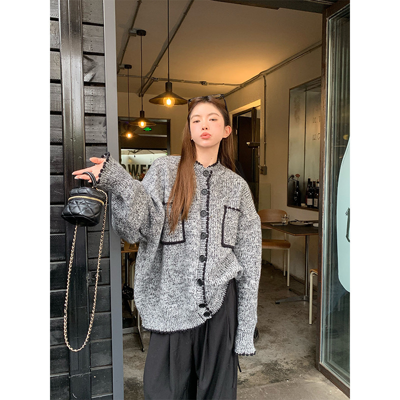 537 #   LIL CHER グレーコントラストラウンドネック長袖セータージャケットレディースルーズカジュアルニットカーディガントップ|undefined