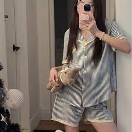 夏季短袖皱皱棉花边睡衣家居服套装