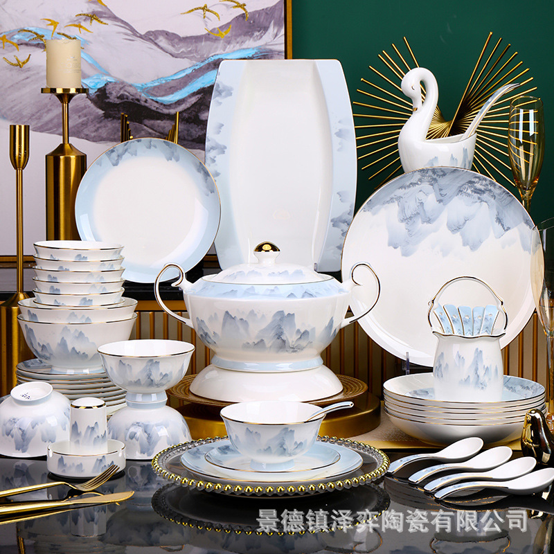 Jingdezhen hand-painted gold high-end household bone china tableware light luxury bowl and Dish combination suit housewarming gift wholesale