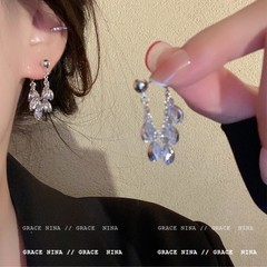 夏日薄荷蓝水钻流苏耳钉女后挂式气质耳环高级感轻奢超仙耳环耳饰