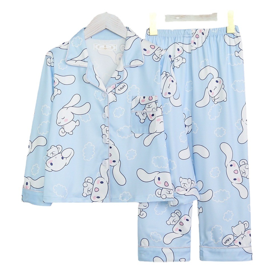 Pijamas para niños del sudeste asiático para niños de primavera y otoño para niñas de manga larga y solapa fina de dibujos animados LABUBU traje de otoño para niños grandes