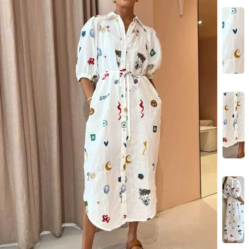 2026 Women's Summer Dress European and American Foreign Trade Women's Clothing Printed Light Luxury Tie Puff Sleeve Shirt Dress Long Dress 2026 Women's Summer Dress European and American Foreign Trade Women's Clothing Printed Light Luxury Tie Puff Sleeve Shirt Dress Long Dress