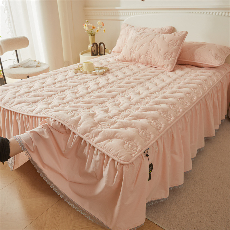 Pure Cotton Rose Washed Cotton Quilted Bed Skirt Single Piece Soy Fiber Non-Slip Bed Bed Sheets 100 Pure Cotton Bedspread Mattress Cover
