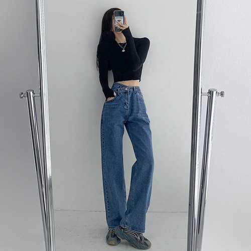 Jeans women's irregular cross new style retro high waist summer loose straight leg slimming drape wide leg floor mopping pants