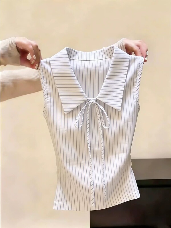 Korean Style Commuter Style Bow-Knot Striped Sleeveless Shirt for Women, Summer Collared Waist-Cinching Slimming Design Top Korean Style Commuter Style Bow-Knot Striped Sleeveless Shirt for Women, Summer Collared Waist-Cinching Slimming Design Top