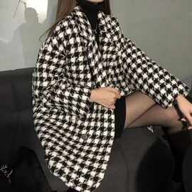 格子西装毛呢外套女2025秋冬新款韩版宽松复古格纹中长款毛呢大衣