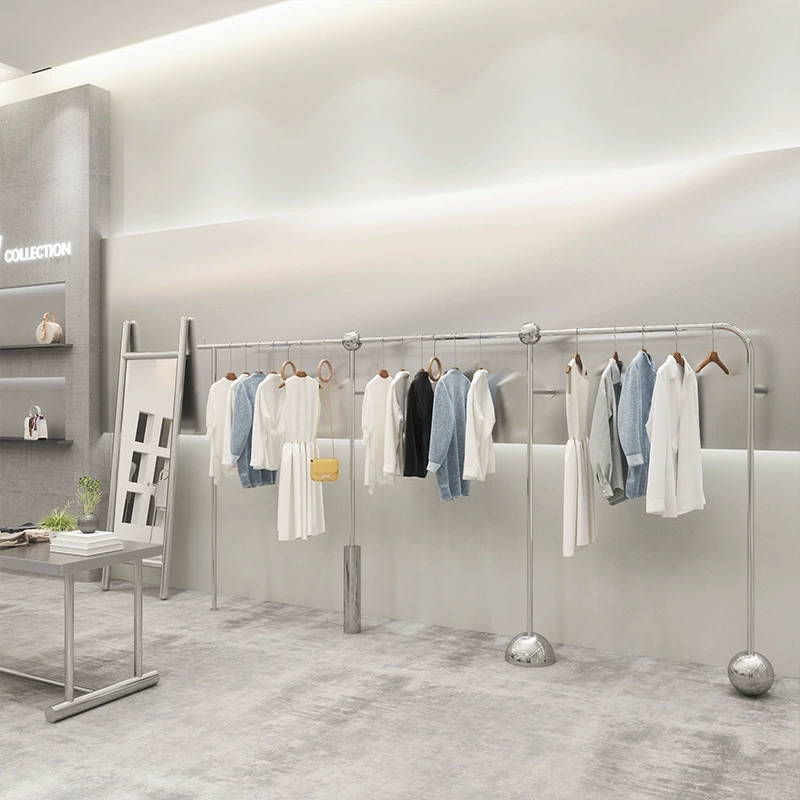 Стеллаж для магазина одежды, стеллаж для демонстрации из нержавеющей стали, мужская и женская одежда, стеллажи для магазина детской одежды, серебряная настенная полка для вешалок для одежды