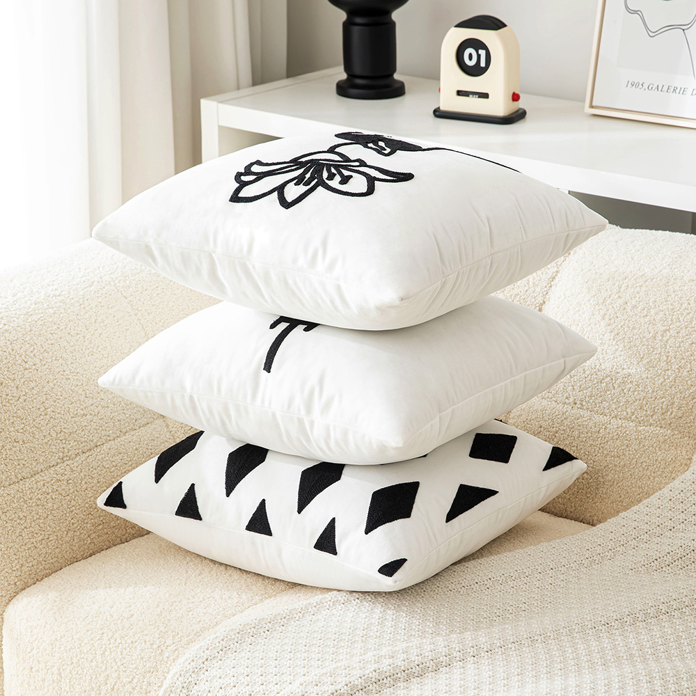 Black and White Embroidered Pillow Case Home Light Luxury Living Room Sofa Art Atmosphere Decorative Cushion Cover Office Pillow