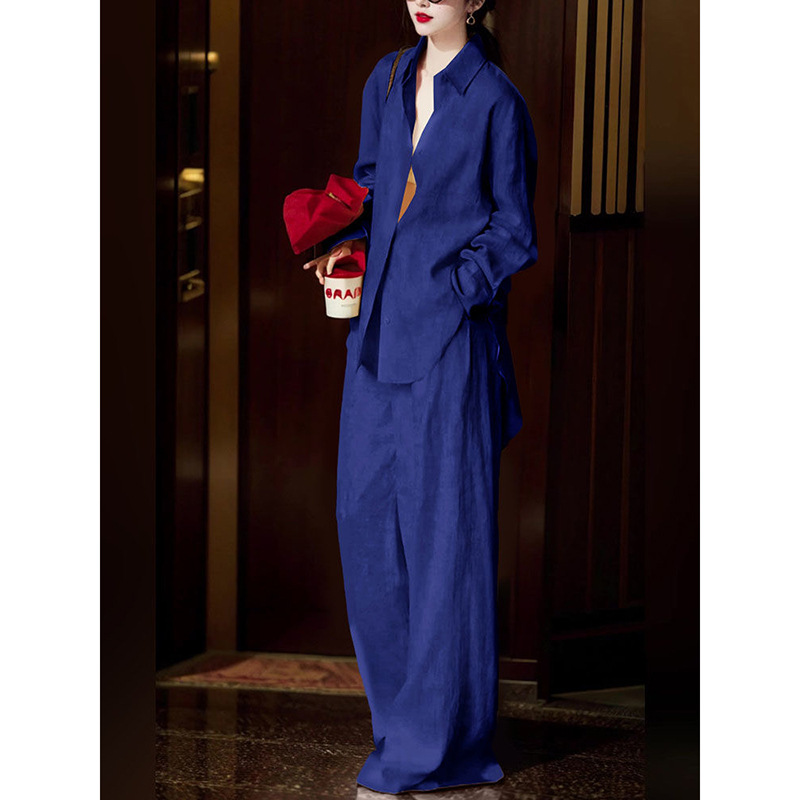 Navy Blue Two Piece Set For Women Summer Cool And Stylish Outfit Relaxed Fit Fashionable Shirt Wide Leg Pants_ecoleips.com