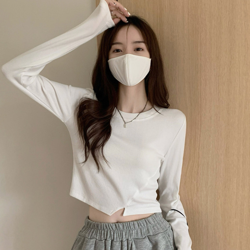 White Base Shirt for Women, Autumn and Winter Long-Sleeve T-Shirt, 2025 New Design, Trendy Short Top for Students