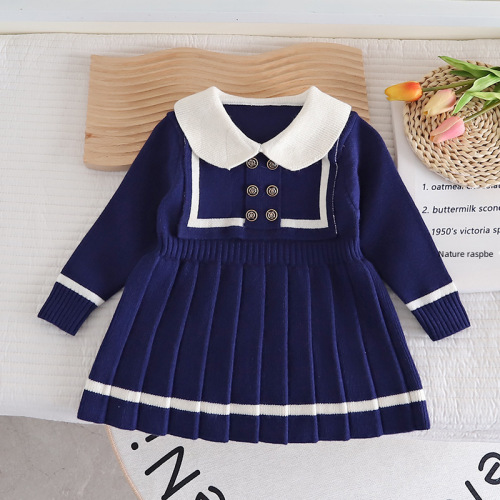 Girls' Navy Collar Knit Dress for Girls Autumn and Winter Korean Style Children's Dress Long Sleeve Pleated Skirt for Babies and Young Children