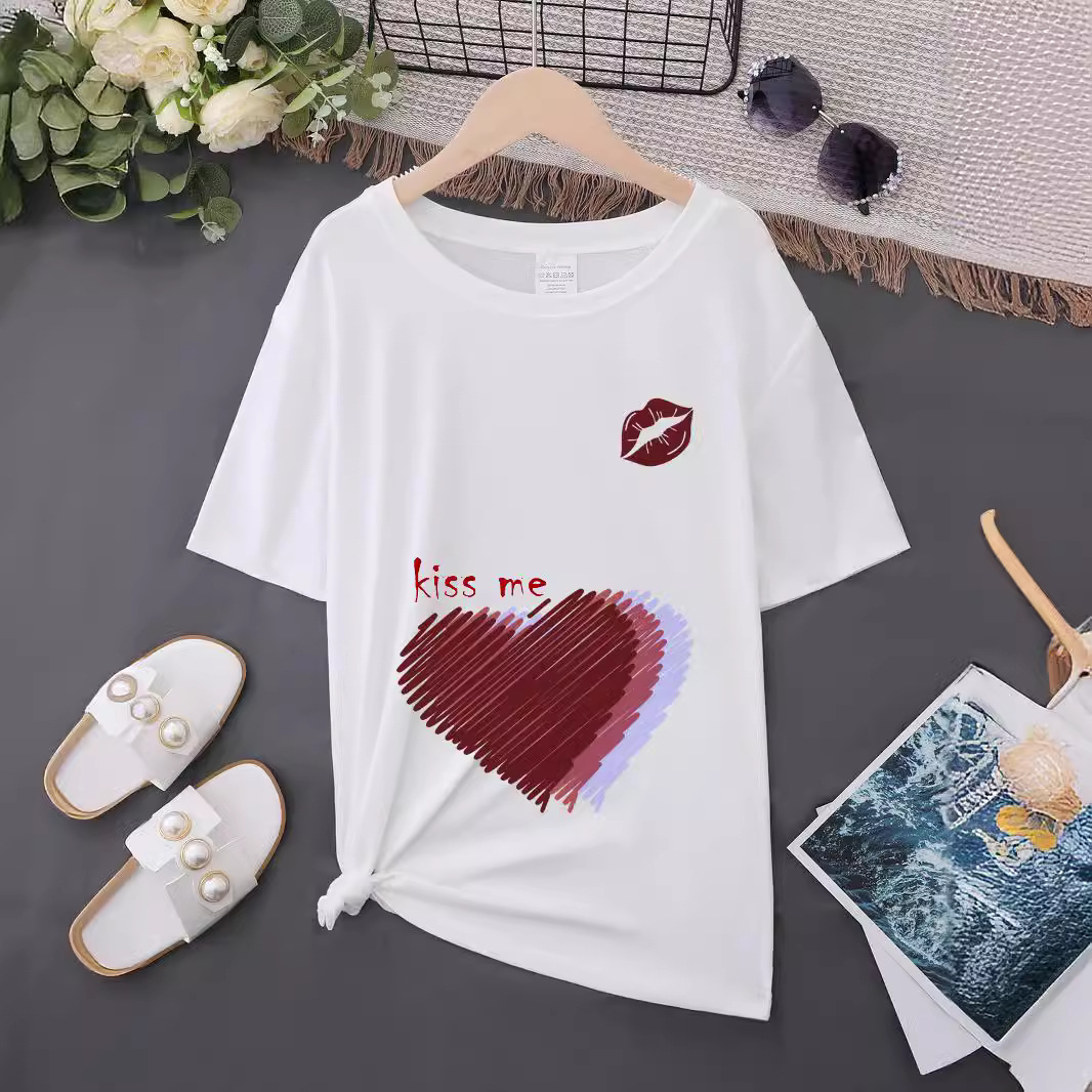 夏季爆款爱心红唇印花圆领短袖T恤 女装休闲百搭宽松ins潮流甜酷