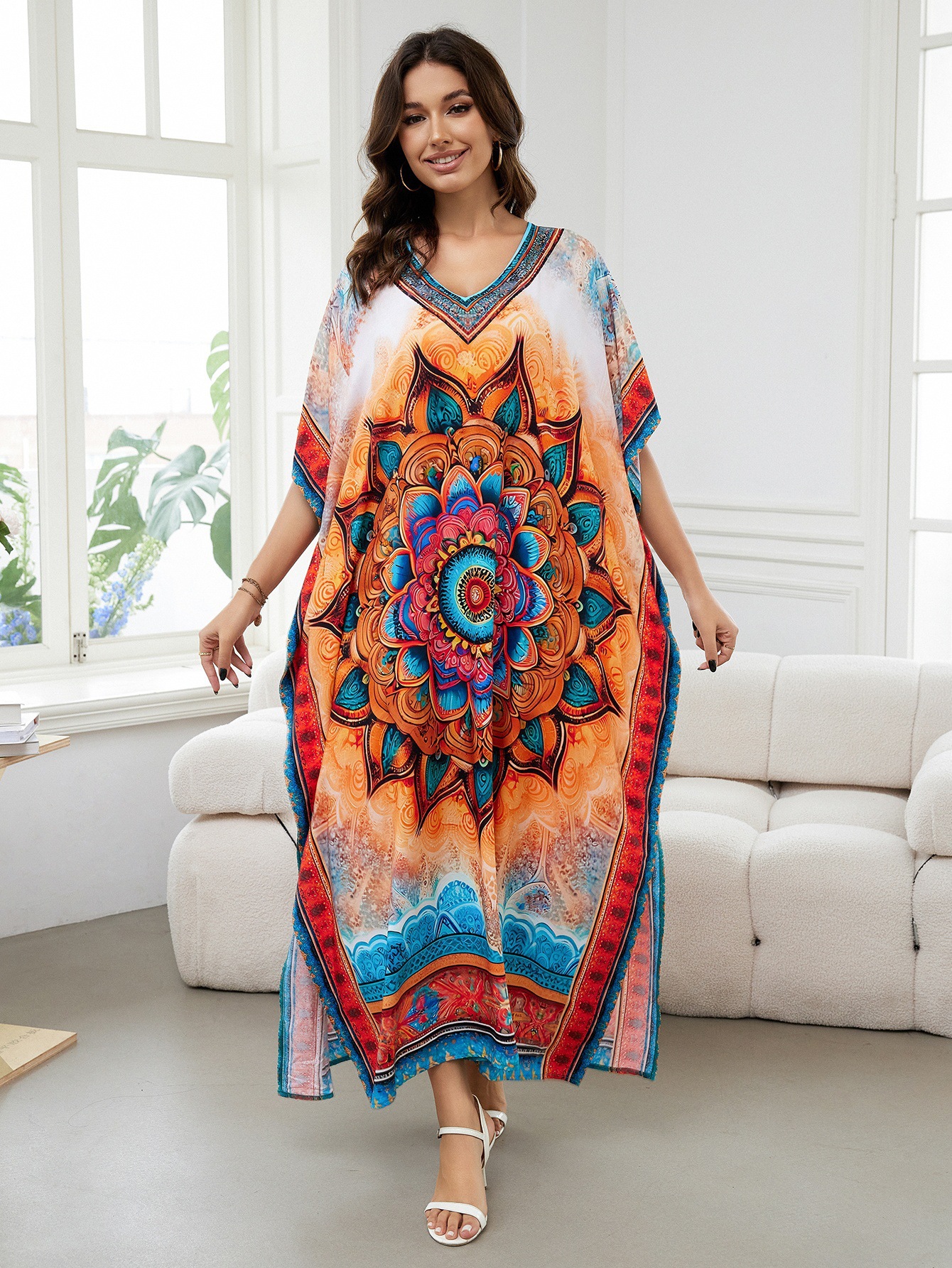 Rochie de plajă lungă kimono dama boho viscoză tie-dye_voghion.com