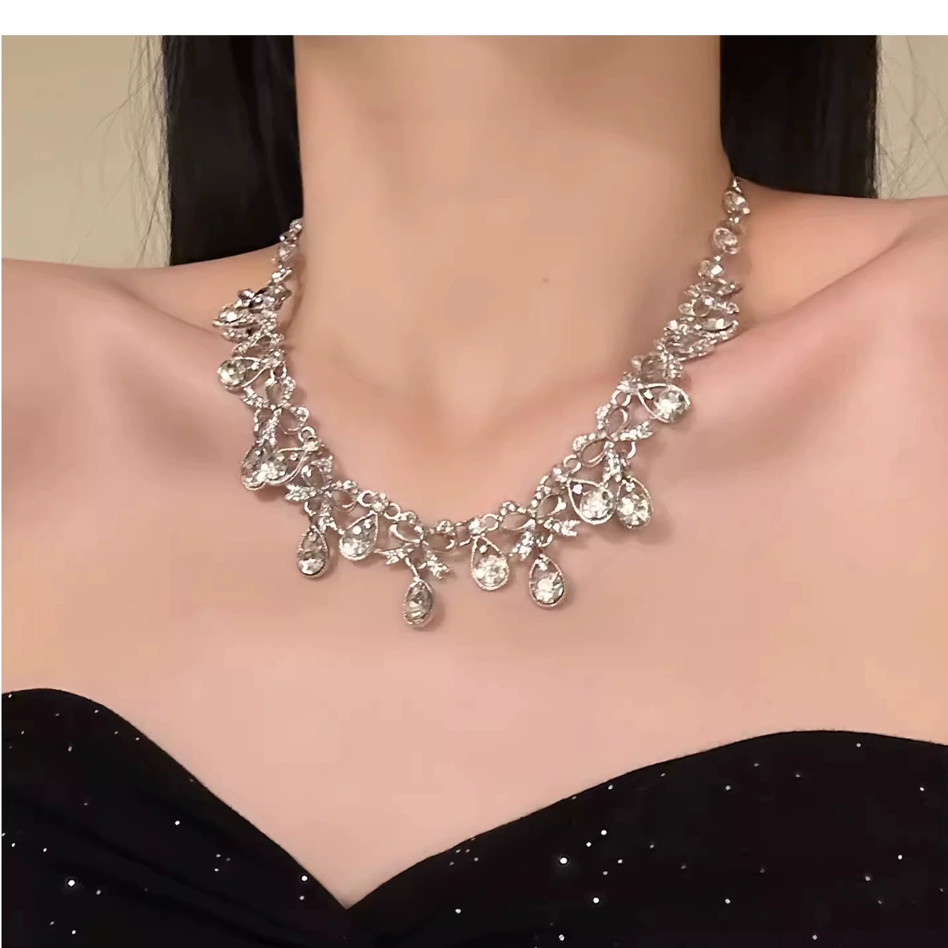 (Cross-border trading), necklace and earrings with bow drop-shaped with tassels, set, nail sequins for bride, new collection, light luxury style