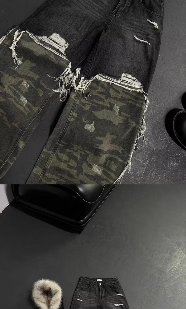Men's Baggy Ripped Jeans Camouflage Patchwork Distressed Denim_voghion.com