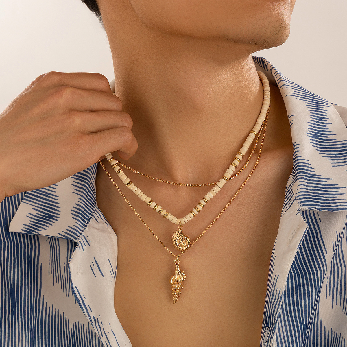 Bohemian Multi-layer Necklace With Rice Beads And Conch Pendants_voghion.com