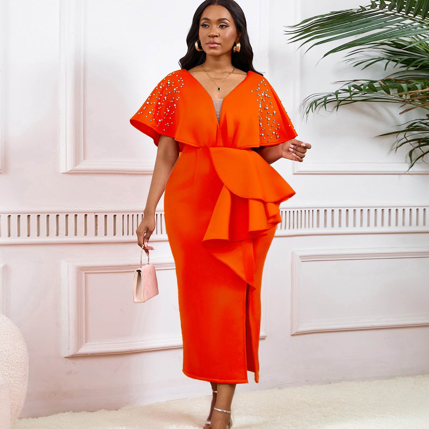 Robe de soirée sexy à col en V et à volants avec fente perlée, robe de banquet de tempérament de célébrité_voghion.com