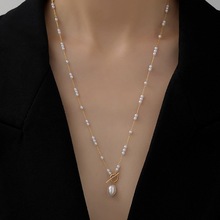 欧美时尚仿珍珠0T扣长款项链巴洛克淡水珍珠吊坠项链女气质毛衣链