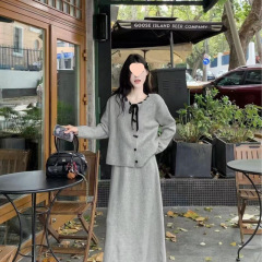 韩版圆领系带针织开衫时尚套装女秋冬新款宽松慵懒风半身裙两件套