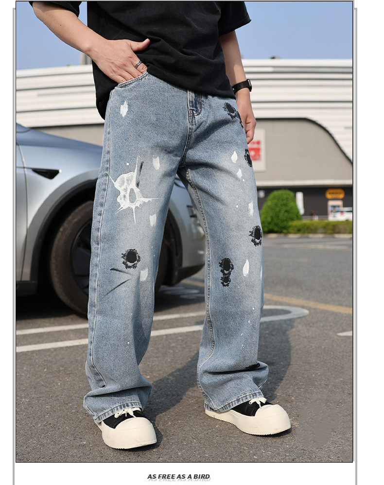 Men's Straight Leg Jeans Graffiti Paint Design Comfortable Denim_voghion.com