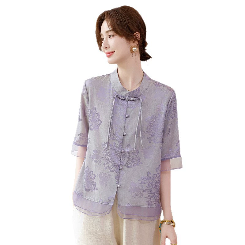 Одежда для мам среднего и пожилого возраста, летняя новая модная атласная жаккардовая тонкая рубашка в китайском стиле с круглым вырезом, повседневная рубашка