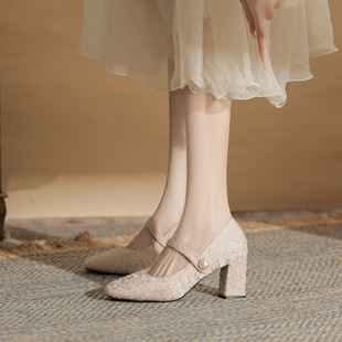 High-heeled shoes women's 2024 latest square toe thick heel plus size women's single-layer shoes with fat and wide Mary Jane Fairy style small size