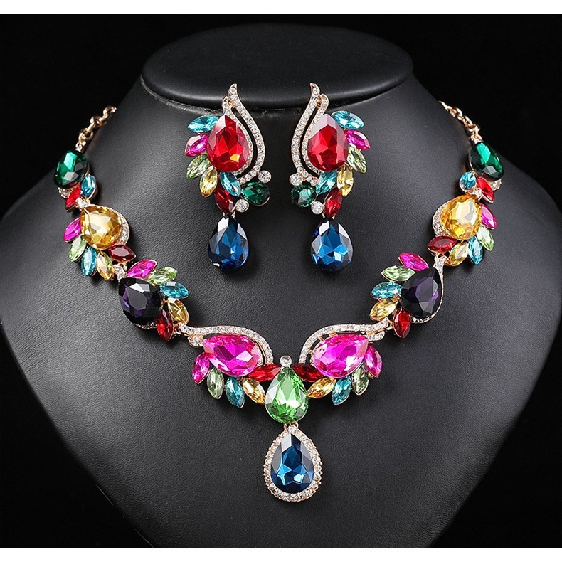 European and American Multicolor Gem Necklace Set Women Fashion Bride Banquet Dress Cross-border E-Commerce Hot Spot