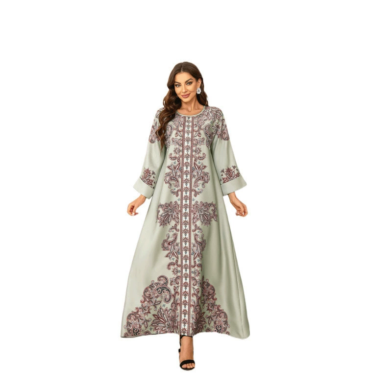 Ближний Восток Кросс-бордер Кафтан Высокая плотность Hot Diamond Bead Print Muslim Women's Robe Elegant Dress
