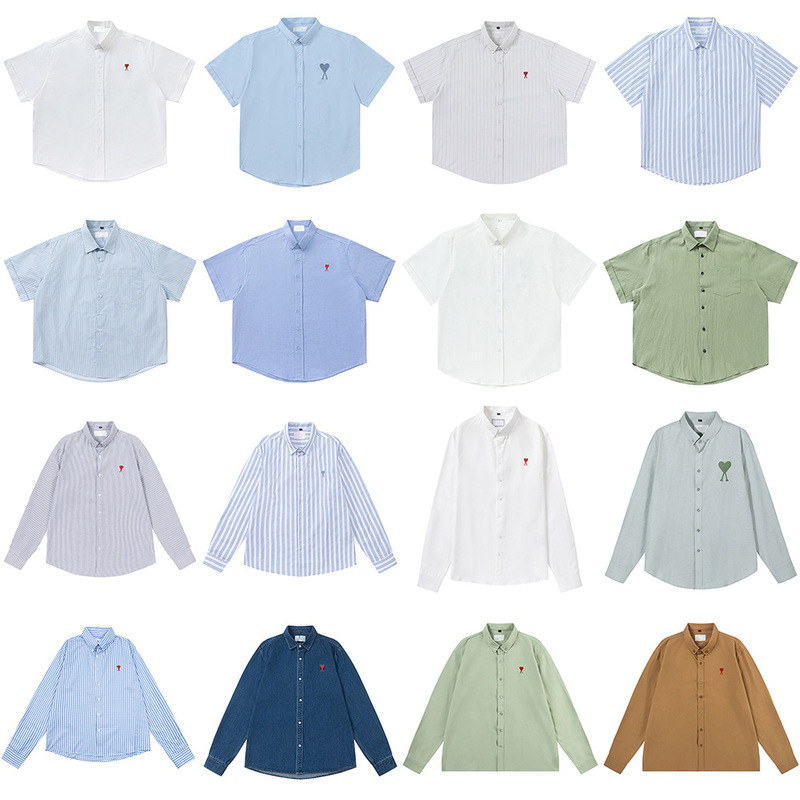 AMI CLAMS Embroidered Small Love Cotton Shirt Lapel Casual Long Sleeve Plaid Striped Color Shirt for Men and Women