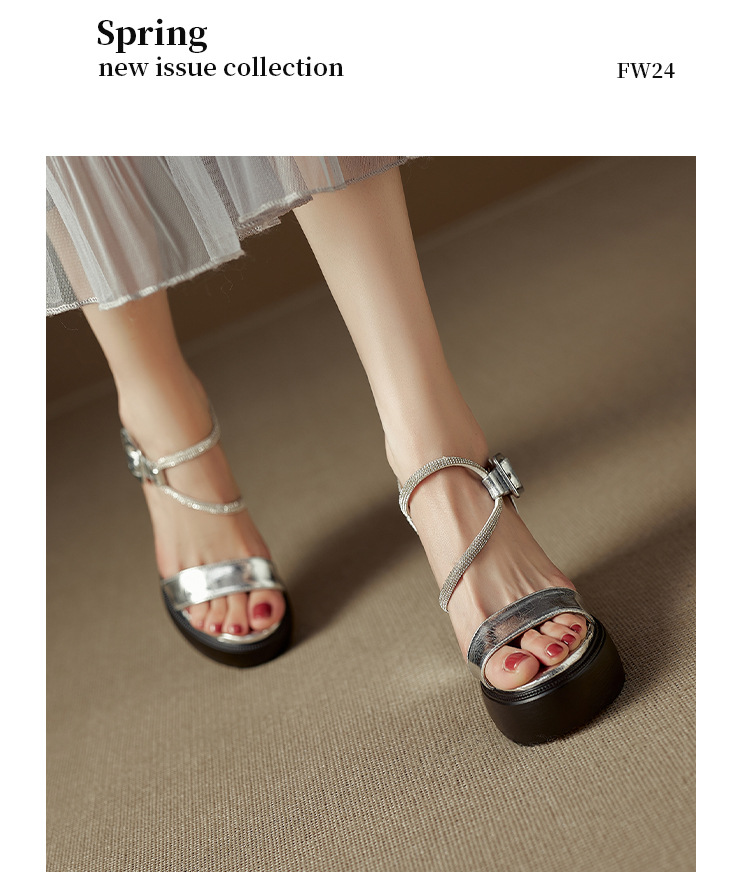 Sandal cao gót nữ quai ngang đính đá bạc, đế xuồng platform, gót 9 cm, hở mũi — Màu súng, bạc chi tiết 11