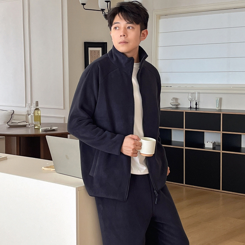 25 New Winter Thickeneded Men's Pajamas Polar Fleece Pure Color Casual Suit Warm Zipper Can Be Worn Outside Home Clothes