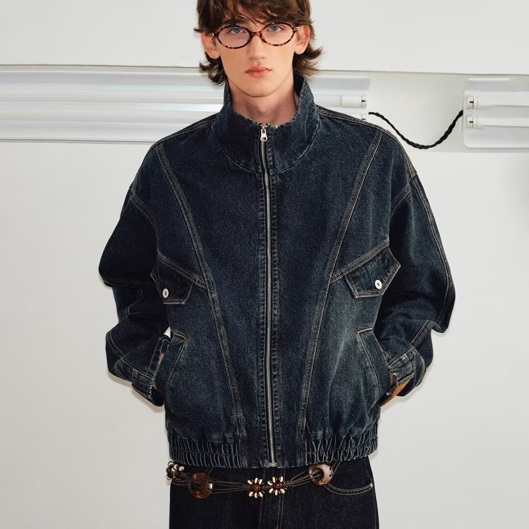 Washed Denim Jacket With Stand Up Collar For Men High Street Style_voghion.com