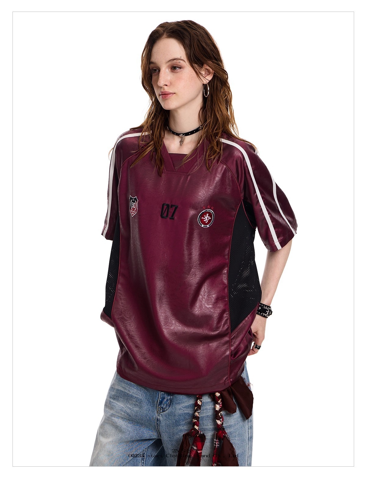 American-style Sports Short-sleeve T-shirt For Men Women, Loose And Breathable, Summer PU Leather Patchwork Hip-hop_viptrois.com