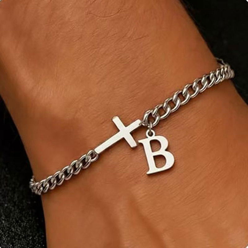 Cross-border bestseller stainless steel letter cross bracelet, niche ins-style Cuban chain unisex jewelry
