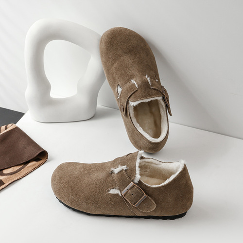 Women's cotton shoes plus fur and thickened genuine leather cow anti-fleece fur shoes  autumn and winter new snow shoes plus velvet Birkenstocks