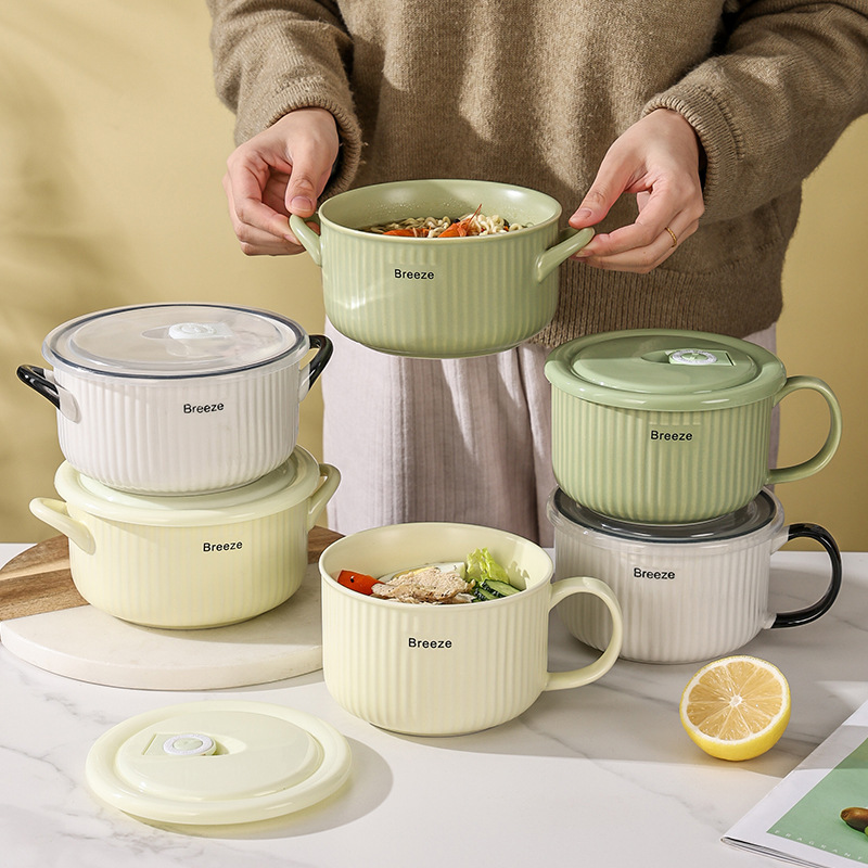 Instant noodle bowl with lid and handle ceramic dormitory student instant noodle cup microwave household noodle bowl lunch box lunch bowl tableware