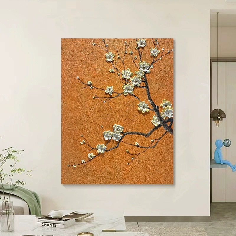 Customized Pure Hand-Painted New Chinoiserie White Plum Flower Entrance Decoration Painting Living Room Sofa Background Wall Hanging Painting Wall Wall