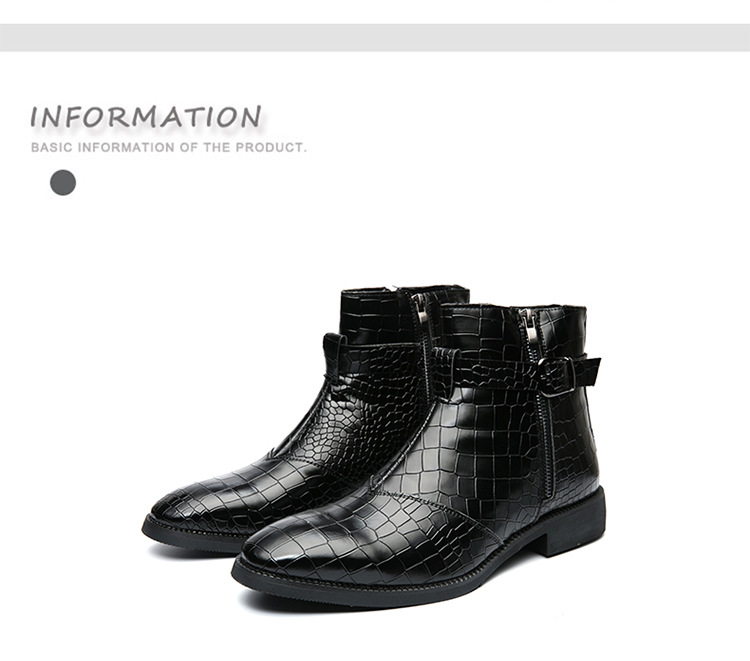 Pointed toe men's leather boots with crocodile pattern leather shoes