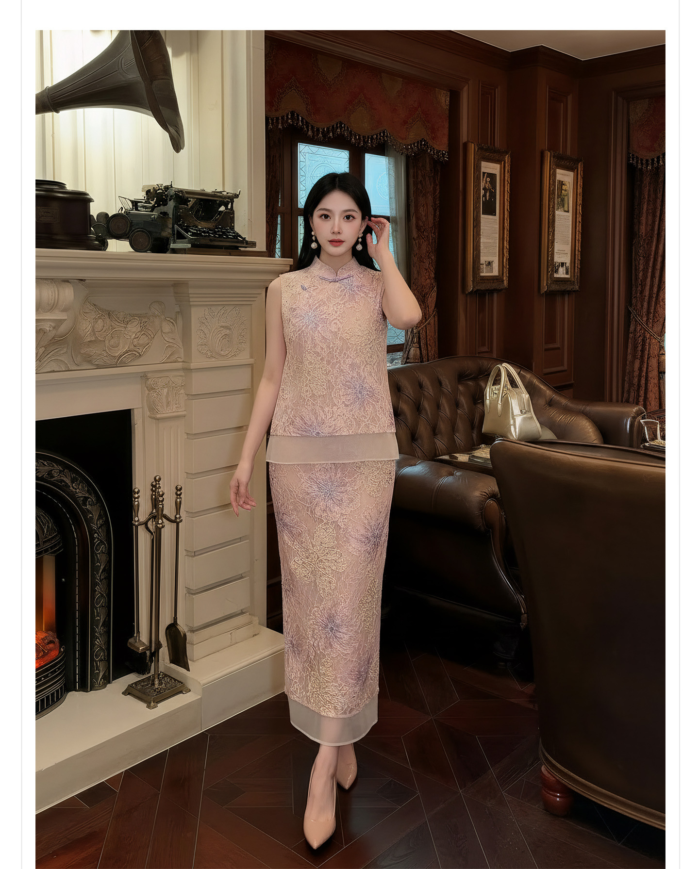Set áo khoác gile + chân váy maxi Tân Trung Hoa thêu hoa, tay phối ren, eo thắt dây — nửa váy, Trang chủ chi tiết 7